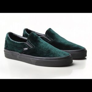 Green slip on velvet vans skate shoe